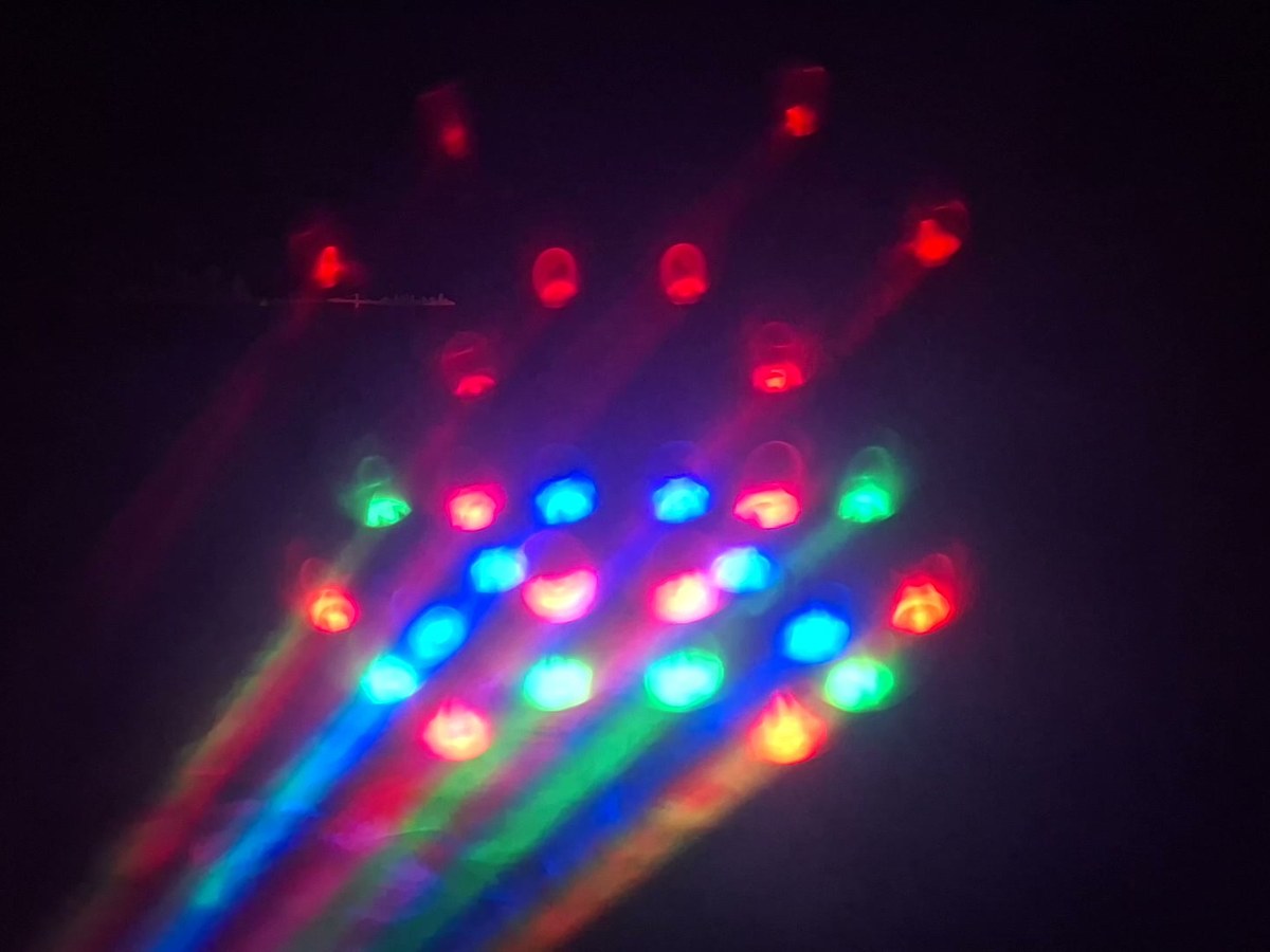 Projecteur de piste de danse envoyant des dizaines de faisceaux rouges, verts et bleus